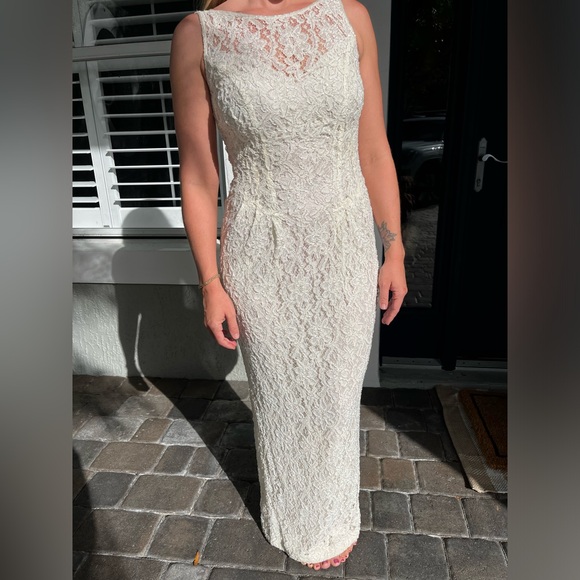 Dresses & Skirts - Womens White Beaded Sleeveless Maxi Fitted Low Back Column Wedding Gown …